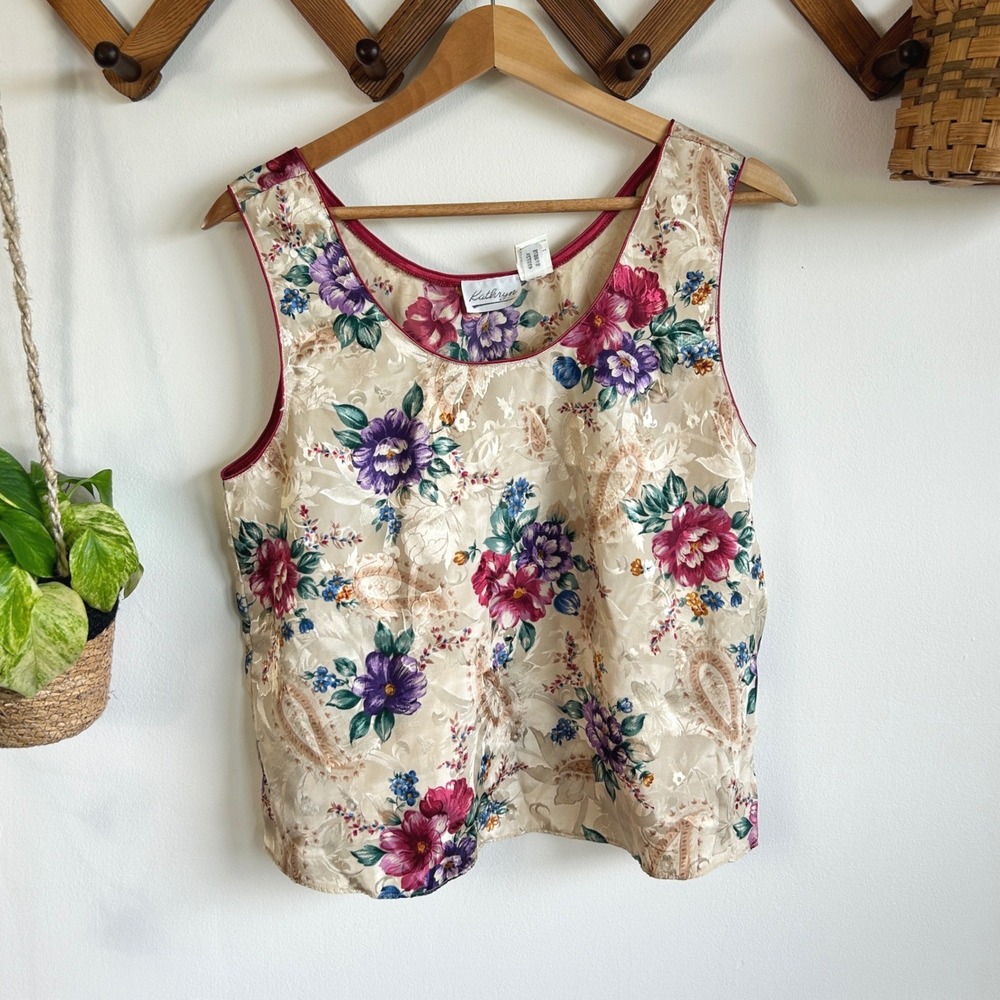 Kathryn Vintage Floral Paisley Jacquard Satin Tank Top Cream Purple Magenta M
